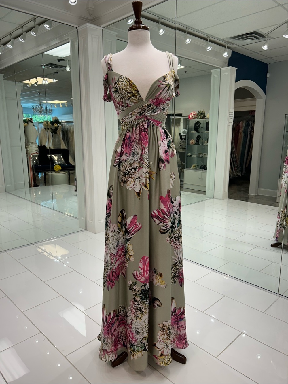 Floral Maxi Dress in Olive with Pink Blooms